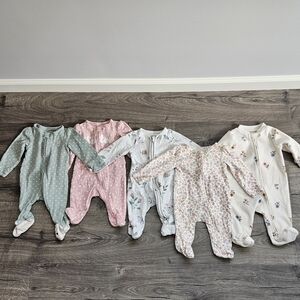 Baby Girls Footed Sleepers Set Of 5- Pastel Floral & Polka Dot
